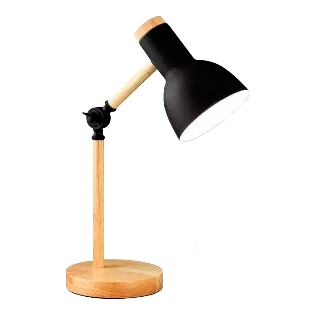 Lámpara de escritorio moderna con base de madera, cuerpo metálico, luz suave y diseño portátil para oficina y hogar, negro
